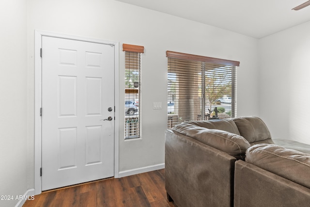 entrance foyer with ceiling fan and dark hardwood / wood-style flooring