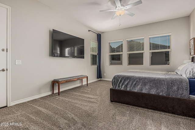 bedroom with carpet, baseboards, and ceiling fan