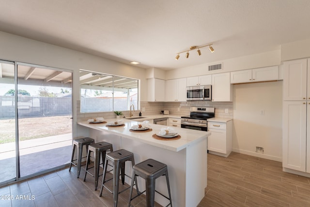 3118 S Los Altos Dr, Mesa, AZ 85202 - kitchen featuring appliances with stainless steel finishes, a sink, white cabinets, a peninsula, and decorative backsplash