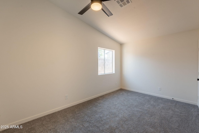 3118 S Los Altos Dr, Mesa, AZ 85202 - empty room with dark colored carpet, vaulted ceiling, baseboards, and ceiling fan