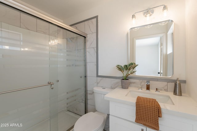 3118 S Los Altos Dr, Mesa, AZ 85202 - bathroom with toilet, vanity, a stall shower, and tile walls
