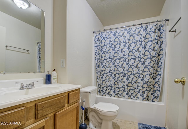 full bathroom with shower / bathtub combination with curtain, vanity, a textured ceiling, tile patterned floors, and toilet