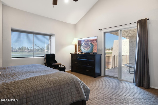 carpeted bedroom featuring multiple windows, access to exterior, high vaulted ceiling, and ceiling fan