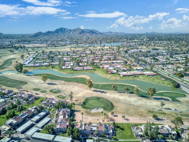 bird's eye view featuring a water and mountain view