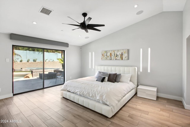 bedroom with light hardwood / wood-style floors, lofted ceiling, access to exterior, and ceiling fan