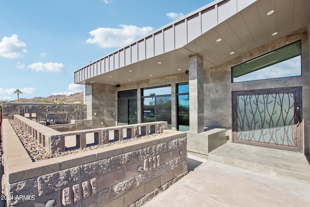 view of patio with a mountain view