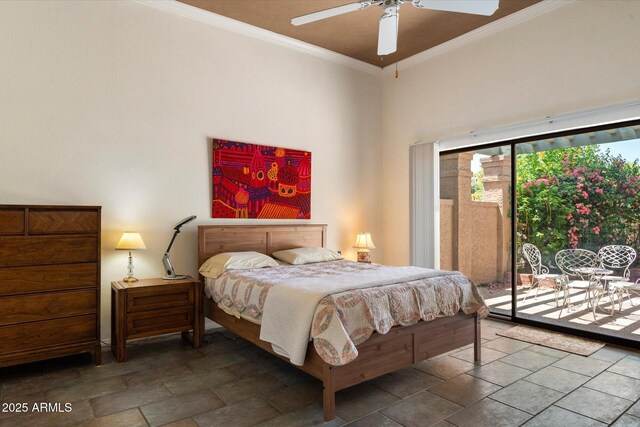 4015 N 78th St Unit 135, Scottsdale, AZ 85251 - bedroom with access to outside, ornamental molding, stone finish floors, and a ceiling fan