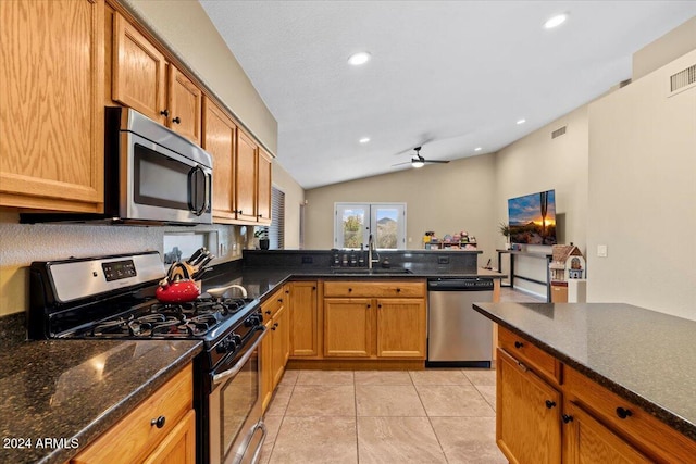 4657 E Matt Dillon Trl, Cave Creek, AZ 85331 - kitchen with stainless steel appliances, a sink, a peninsula, vaulted ceiling, and recessed lighting