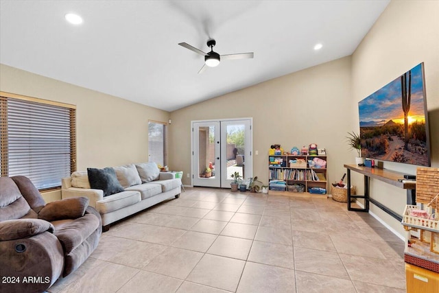 4657 E Matt Dillon Trl, Cave Creek, AZ 85331 - living area featuring a ceiling fan, lofted ceiling, french doors, light tile patterned floors, and recessed lighting