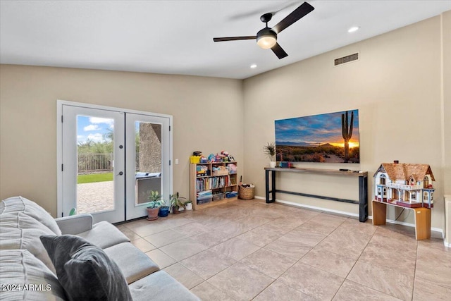 4657 E Matt Dillon Trl, Cave Creek, AZ 85331 - living area with french doors, ceiling fan, recessed lighting, tile patterned floors, and baseboards