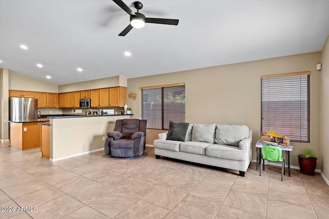 4657 E Matt Dillon Trl, Cave Creek, AZ 85331 - living room featuring vaulted ceiling, ceiling fan, light tile patterned flooring, recessed lighting, and baseboards