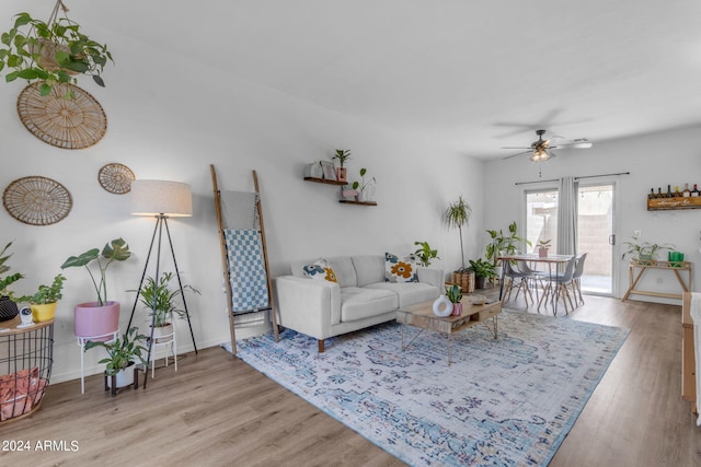 living room featuring ceiling fan and light wood-type flooring