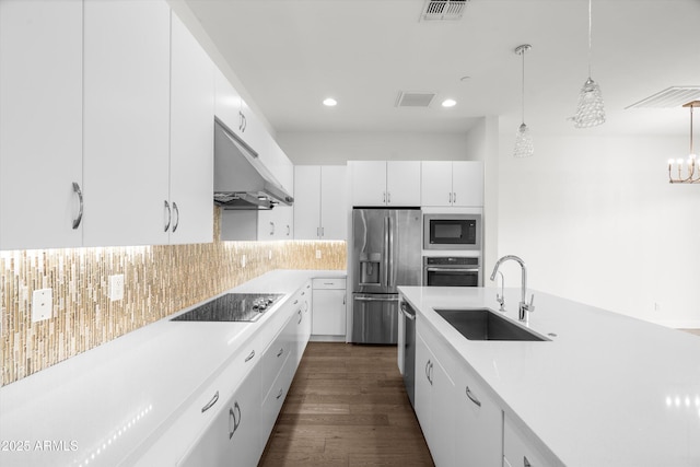 kitchen with pendant lighting, white cabinetry, sink, backsplash, and stainless steel appliances