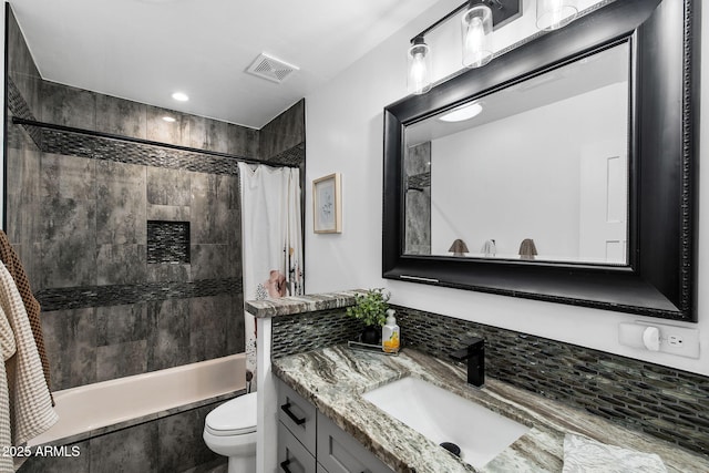full bath featuring visible vents, toilet, shower / bath combination with curtain, recessed lighting, and vanity