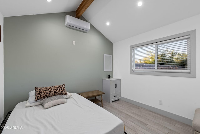 bedroom featuring beamed ceiling, recessed lighting, a wall mounted AC, light wood-style floors, and baseboards