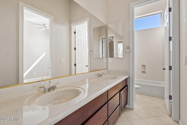 bathroom featuring toilet, ceiling fan, vanity, and tile patterned flooring