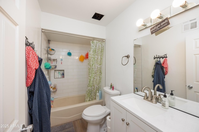 full bathroom featuring toilet, shower / tub combo, and vanity