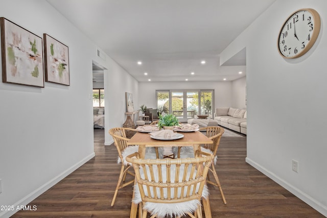 dining room with dark wood-type flooring and a wealth of natural light