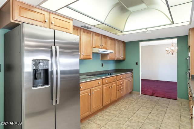 kitchen featuring black electric cooktop, a notable chandelier, light tile patterned floors, and stainless steel fridge with ice dispenser