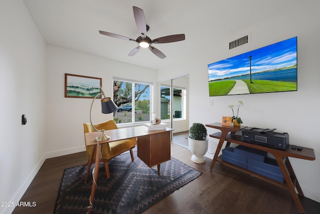 office with a ceiling fan, baseboards, visible vents, and wood finished floors