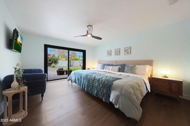 bedroom with ceiling fan, wood-type flooring, and access to exterior