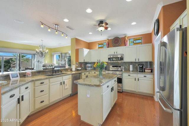 kitchen featuring kitchen peninsula, stainless steel appliances, tasteful backsplash, ceiling fan with notable chandelier, and sink