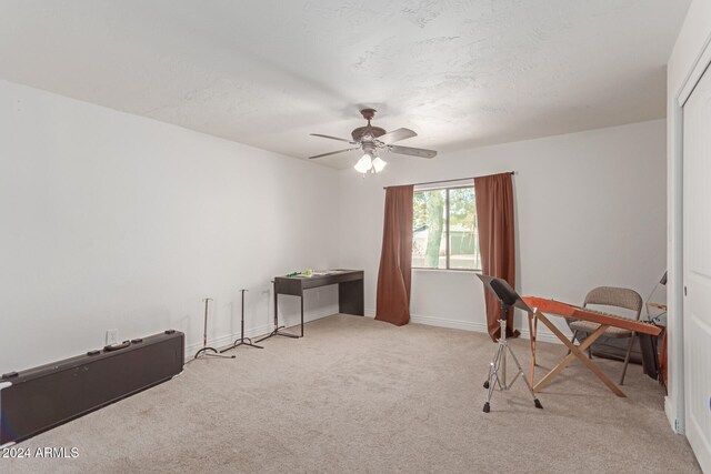 carpeted office space featuring ceiling fan