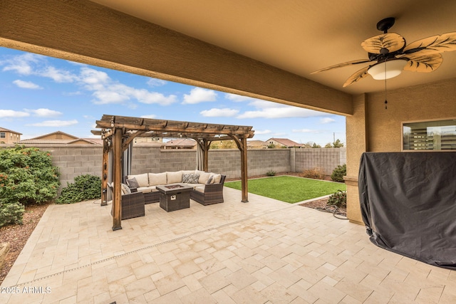 view of patio featuring ceiling fan, outdoor lounge area, and a pergola