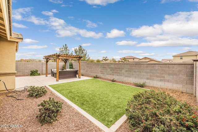 view of yard with an outdoor living space, a pergola, and a patio area