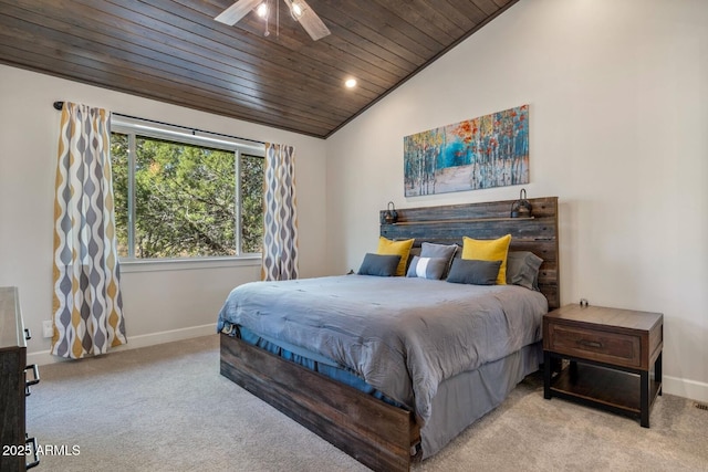 carpeted bedroom featuring lofted ceiling, baseboards, recessed lighting, and wooden ceiling