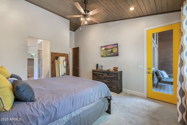 carpeted bedroom featuring a ceiling fan, wooden ceiling, vaulted ceiling, and baseboards