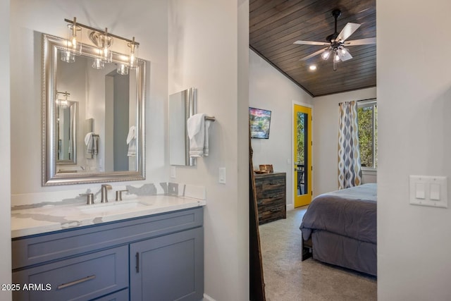 ensuite bathroom with lofted ceiling, wooden ceiling, vanity, a ceiling fan, and ensuite bath