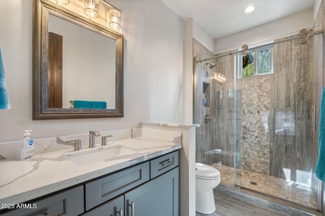 bathroom featuring vanity, toilet, and a shower stall