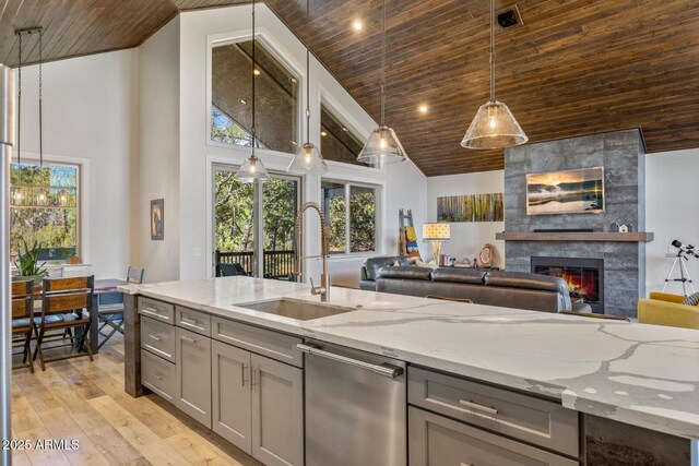 kitchen with a sink, gray cabinets, high vaulted ceiling, wood ceiling, and stainless steel dishwasher