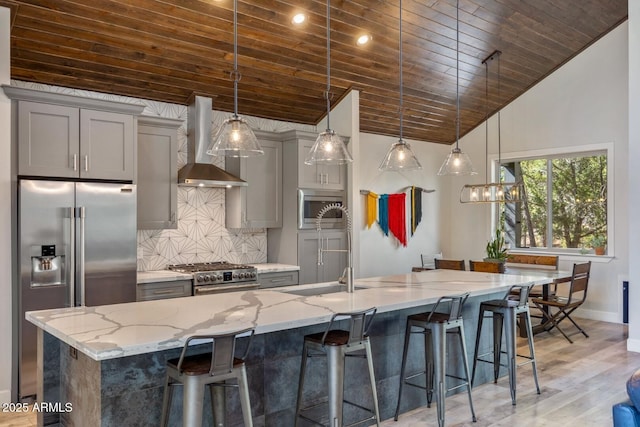 kitchen with wall chimney range hood, a kitchen breakfast bar, wood ceiling, gray cabinetry, and high end appliances