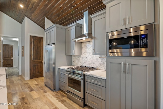 kitchen featuring premium appliances, wooden ceiling, wall chimney exhaust hood, and gray cabinets