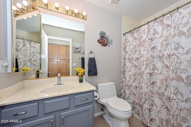 bathroom with vanity, toilet, and tile patterned flooring