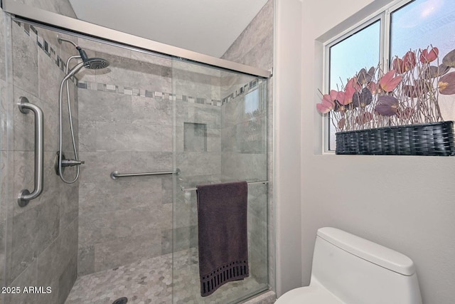 bathroom featuring a shower with shower door and toilet