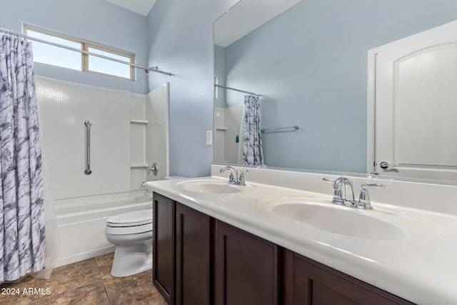 full bathroom with vanity, toilet, and shower / bathtub combination with curtain