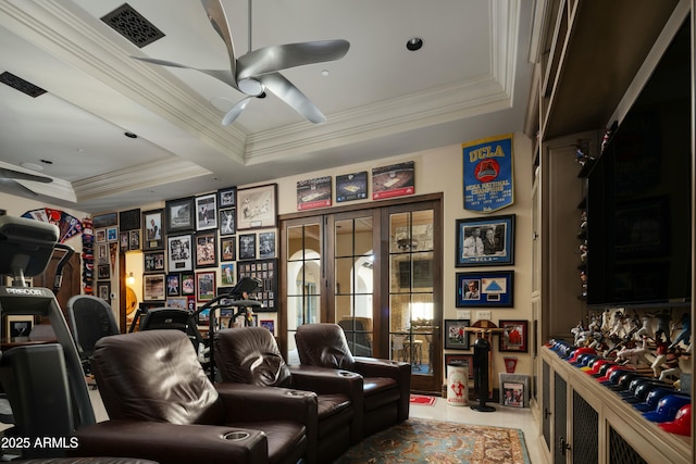 19481 N 98th Pl, Scottsdale, AZ 85255 - sitting room with crown molding, a ceiling fan, visible vents, and a tray ceiling