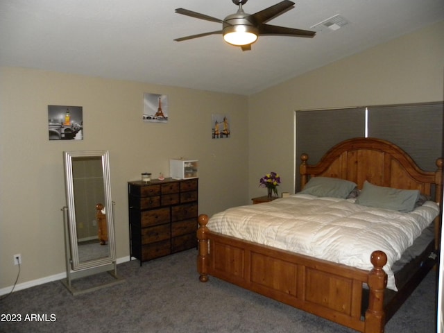 bedroom with carpet floors, vaulted ceiling, and ceiling fan