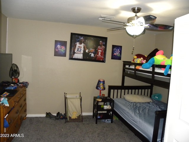 bedroom featuring carpet floors and ceiling fan