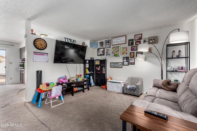 living area with carpet and a textured ceiling