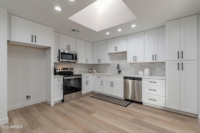 kitchen with white cabinetry, sink, stainless steel appliances, decorative backsplash, and light wood-type flooring