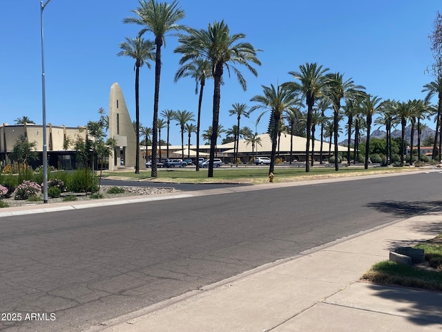 view of street featuring sidewalks, curbs, and street lighting