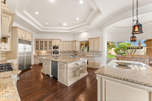 kitchen with a kitchen island with sink, a tray ceiling, cream cabinetry, and appliances with stainless steel finishes