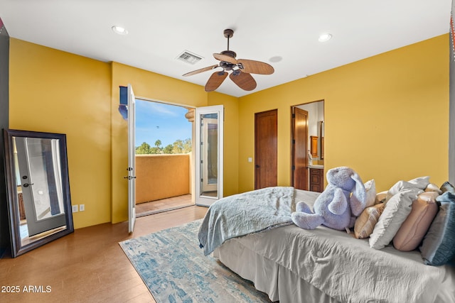 bedroom featuring ceiling fan, recessed lighting, wood finished floors, visible vents, and access to outside
