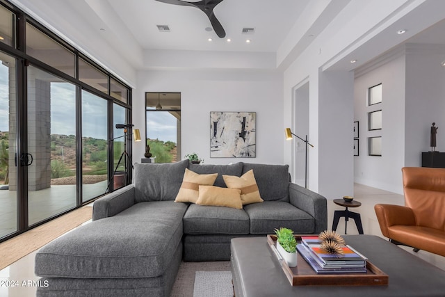 living room featuring recessed lighting, visible vents, and ceiling fan