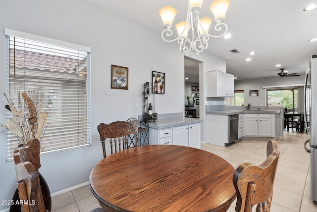 20450 N Shadow Mountain Dr, Surprise, AZ 85374 - dining room featuring light tile patterned floors, ceiling fan, a chandelier, recessed lighting, and baseboards