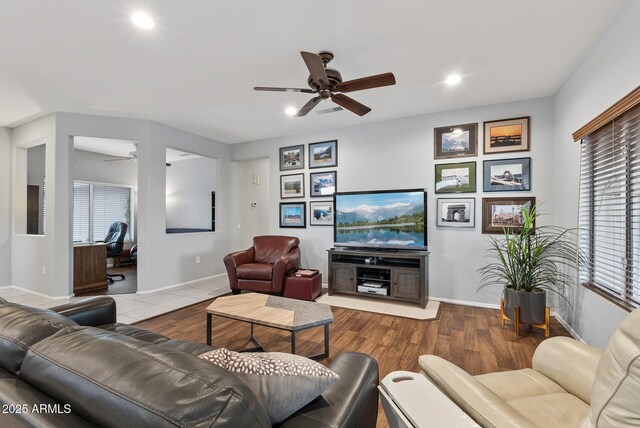 20450 N Shadow Mountain Dr, Surprise, AZ 85374 - living area featuring a ceiling fan, baseboards, recessed lighting, and wood finished floors